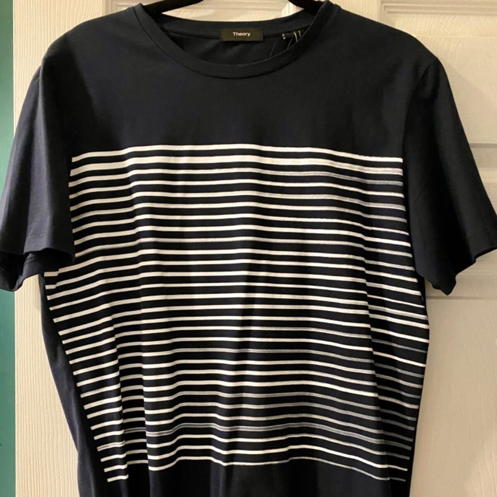 Theory- Men's Essential Striped Crewneck T-Shirt (Medium Size), color- Navy Blue